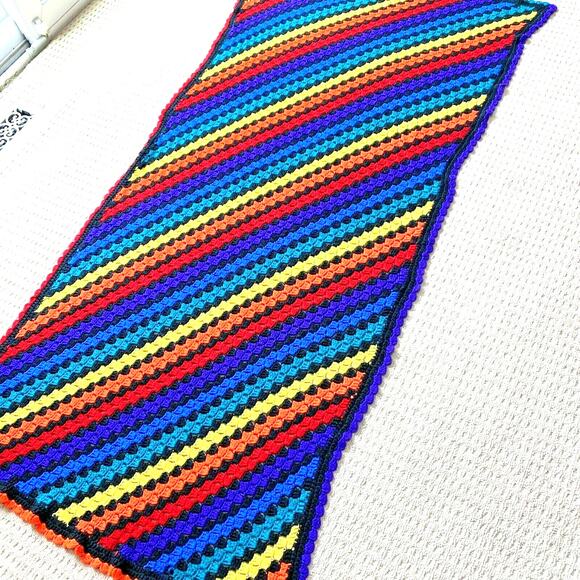 Handmade crochet afghan throw blanket black & bright colors acrylic mod retro - Picture 1 of 6